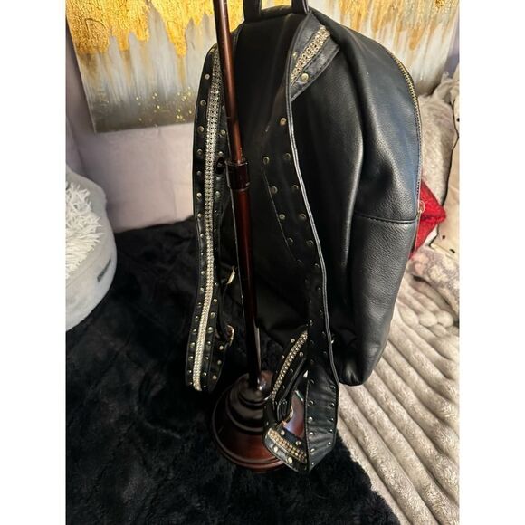 Rhinestone strap rivet studded black vegan leather backpack - Picture 10 of 11